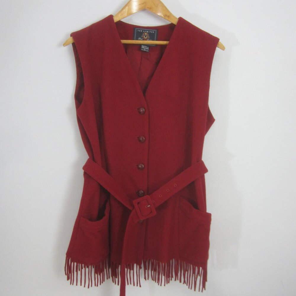 The Limited Womens L Red Wool Cashmere Vest Belted Western Fringe Pockets Lined